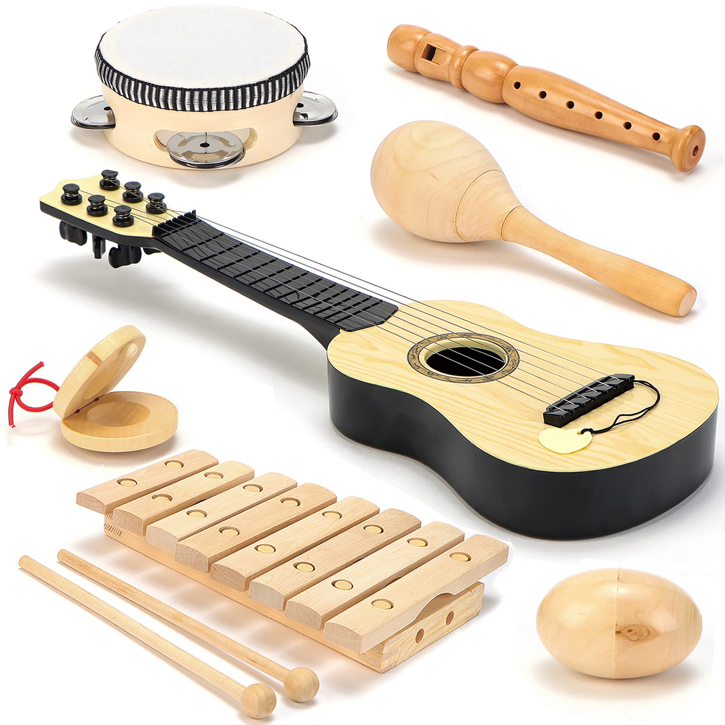 Photo 1 of Natural Wood Musical Toys for Toddlers 1-3: Kids Musical Instruments Set of 7 Items, Kids Guitar, Egg shakers Flute Instrument, Maracas, Baby Xylophone, Tambourine and Castanets - Safe for Age +1