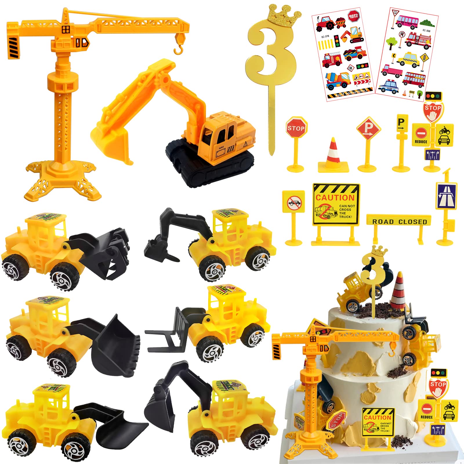 20 Pcs Construction Cake Decoration for 3 Year Old, Mini Vehicle Cake Topper, Digger Cake Toppers, Excavator Birthday Decorations for Boy Kids
