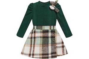 TITKKOP Toddler Girl Plaid Outfits Fall Winter Dress Knit Ribbed Bow Sweatshirt Tops and Button Fashion Skirts Set