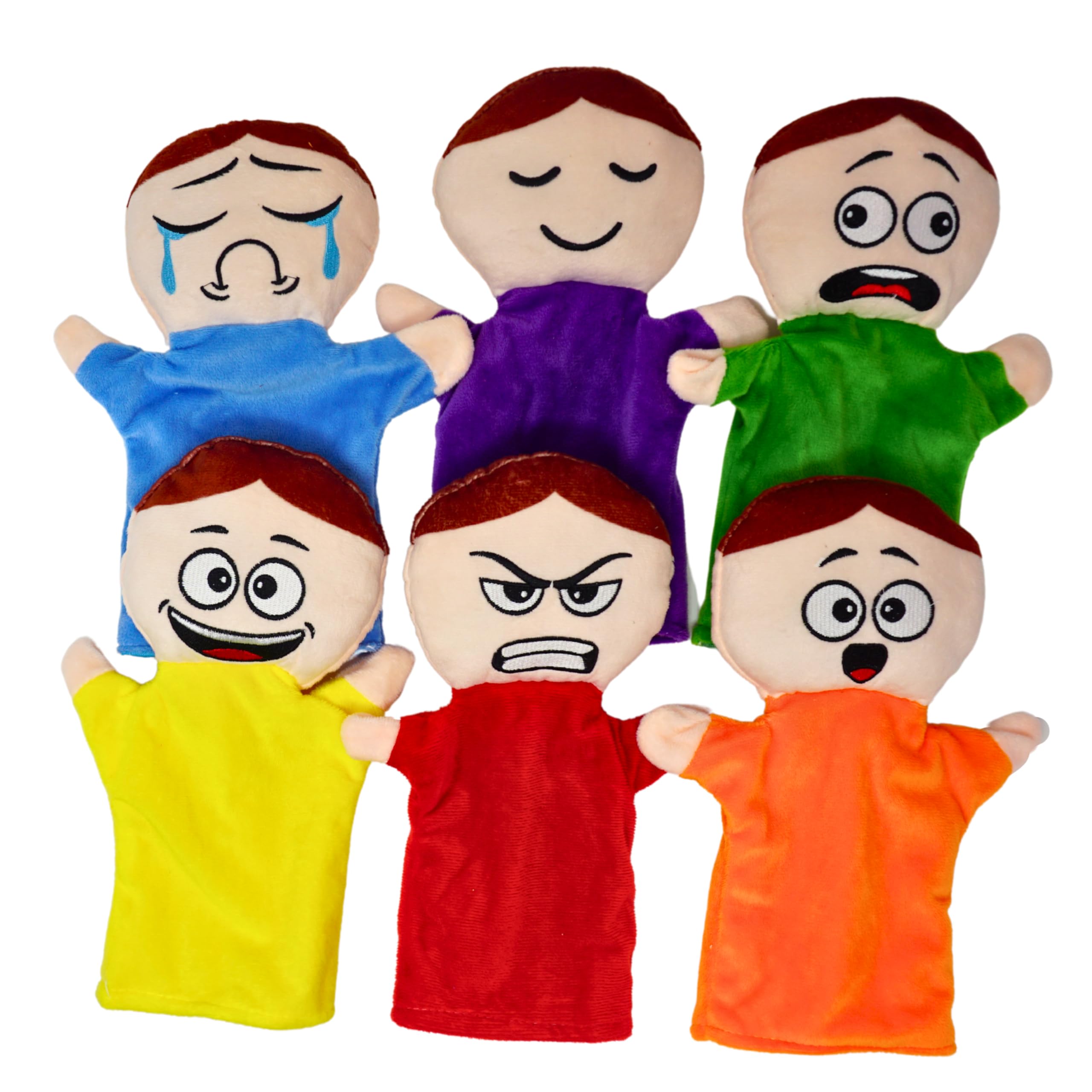 4E's Novelty Feeling Hand Puppets for Kids with 6 Emotions, with Moveable Arms, Soft Plush Hand Puppets for Toddlers, Early Education Toys, Social Emotional Learning Activities - Pack of 6