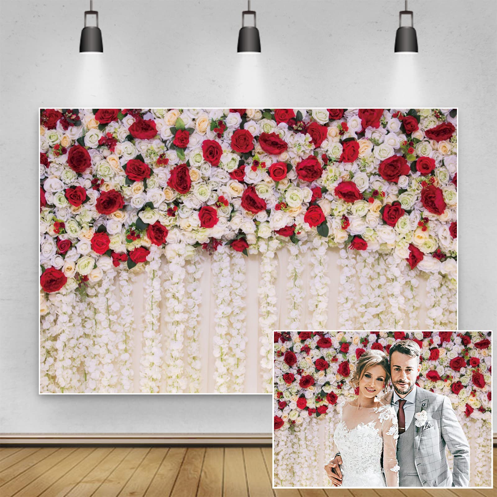 Renaiss 7x5ft Roses Wall Photography Backdrop Red White Flowers Photo Background for Wedding Anniversary Bridal Shower Wedding Reception Birthday Party Decorations Dessert Table Banner Studio Props