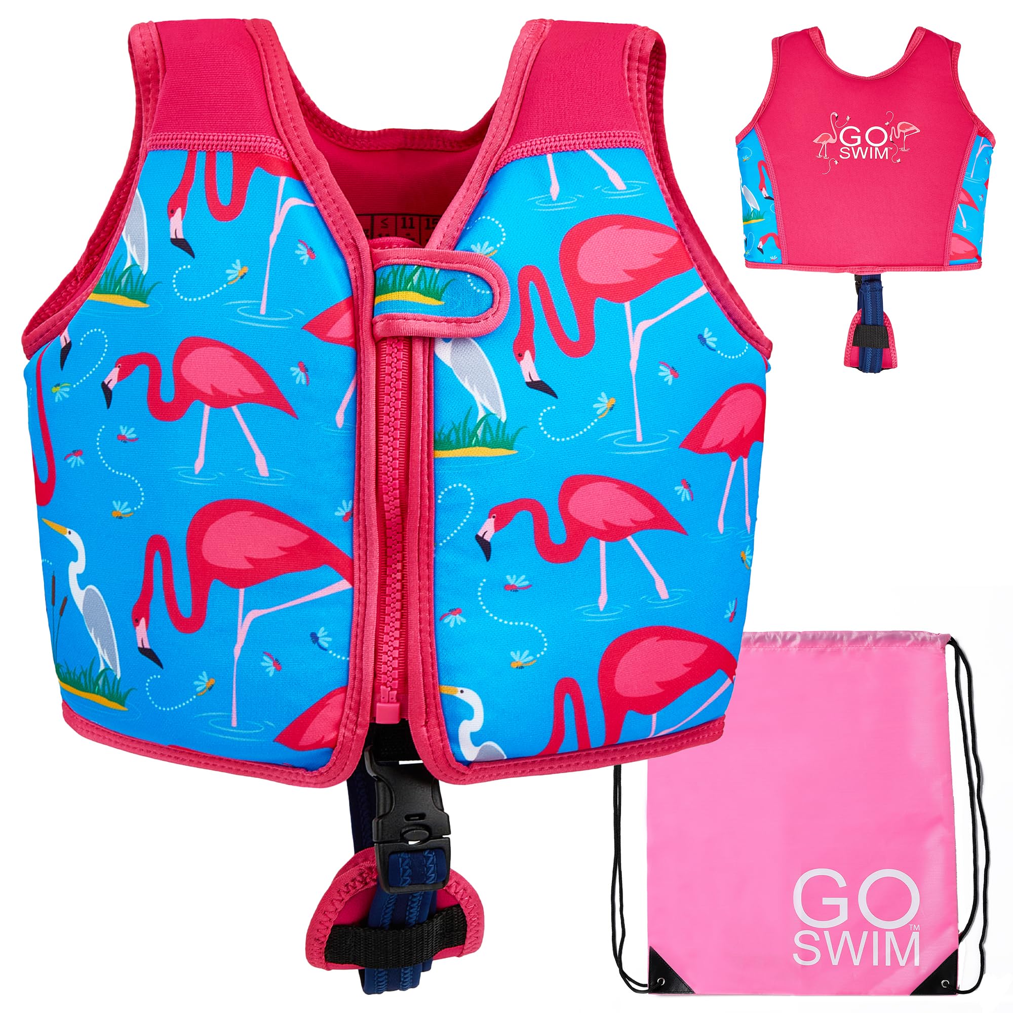 Go Swim Float Vest – Baby, Toddler & Kids Swim Vest for 1-6 Years- Fixed Buoyancy & Safety Strap. *Includes Free Swim bag* (Fab Flamingos, 2-3 Years/15-19kgs)