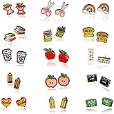 15 Pairs Back to School Earrings for Teachers - Wooden Cute Pencil Crayon Ruler Apple Book Earrings, Bulk Teacher Jewelry for Women, Teacher Appreciation Gift