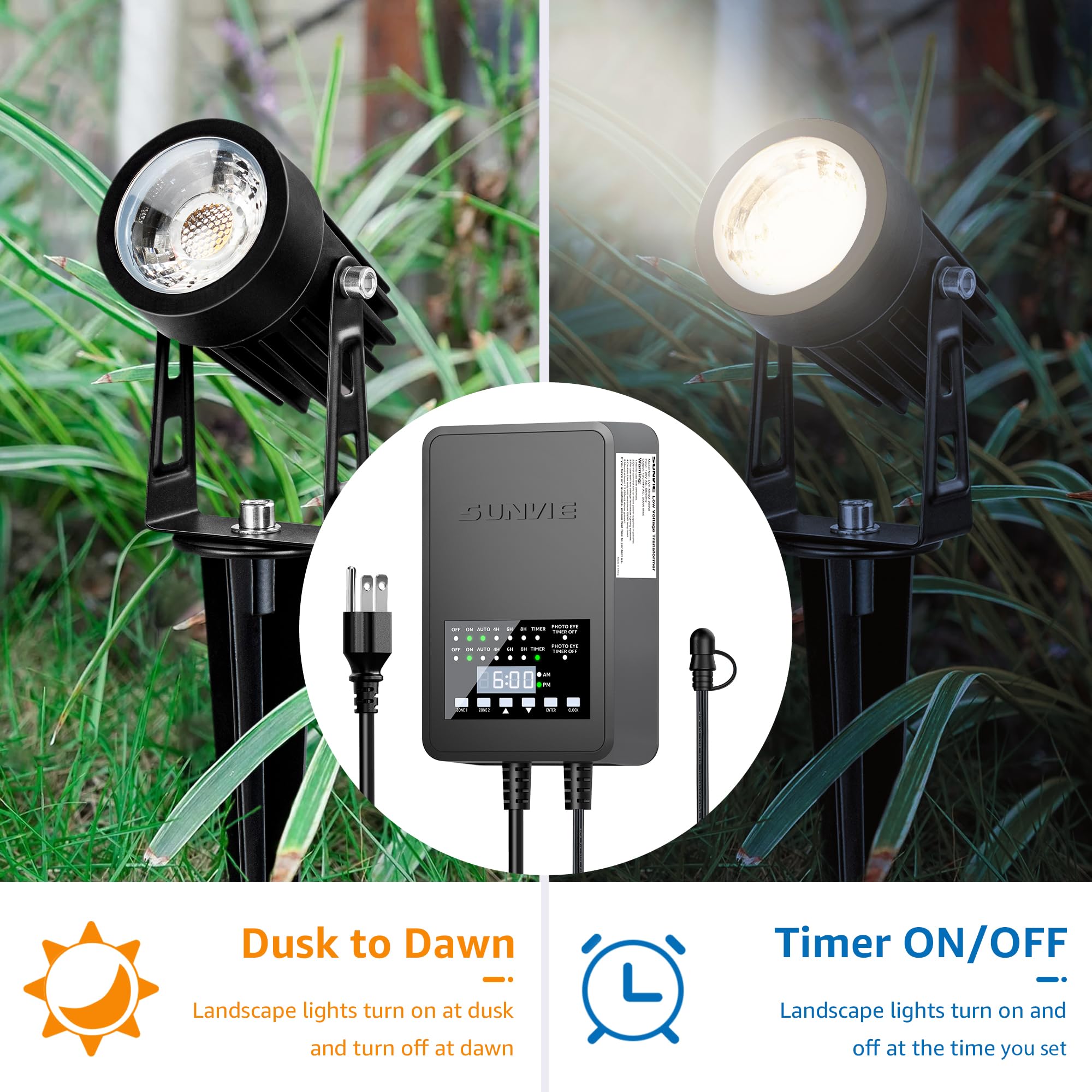 SUNVIE 300W Low Voltage Landscape Transformer with 2 Independent Control Output Landscape Lighting Transformer with Timer and Photocell Sensor 120V AC to 12/14V AC Weatherproof Low Voltage Transformer