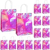 Hitkmi 24 Pcs Holographic Party Favor Bags Bulk, Iridescent Gift Bags, Small Pink Holographic Iridescent Paper Goodie Snack Candy Bags with Handles for Birthday, Baby Shower, Wedding