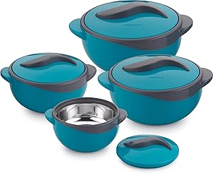 Pinnacle Parisa 4Pc Round Heat Insulated Food Storage Hot Pot Casserole Set, Blue