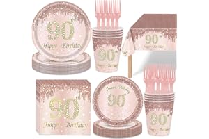121Pcs 90th Birthday Party Supplies Plates Napkins Cups Forks Tablecloth Rose Gold Happy 90th Birthday Themed Disposable Tabl