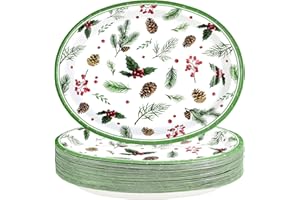 GREENCIAN 50 Pcs Christmas Pinecone Oval Plates 10"x12" Large Holly Berries and Pine Cones Paper Plates Disposable Heavy Duty Holly Leaves Greenery Platters for Christmas Xmas Holiday Party Decorations Supplies