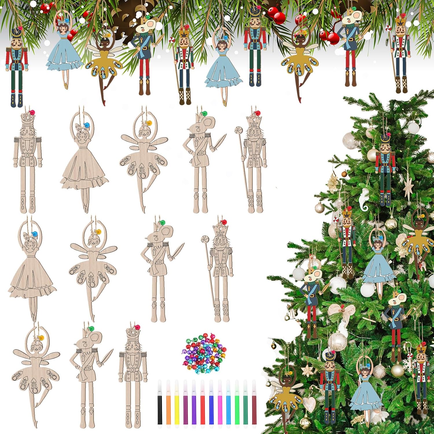 Nutcrackers - Suzile 60 Pcs DIY Wooden Christmas Nutcracker Decoration Blank Set Xmas Crafts Girls Princess Ballet Mouse King Soldier Hanging Ornament Unfinished Wood Nutcracker Ornament for Xmas Tree Outdoor Party