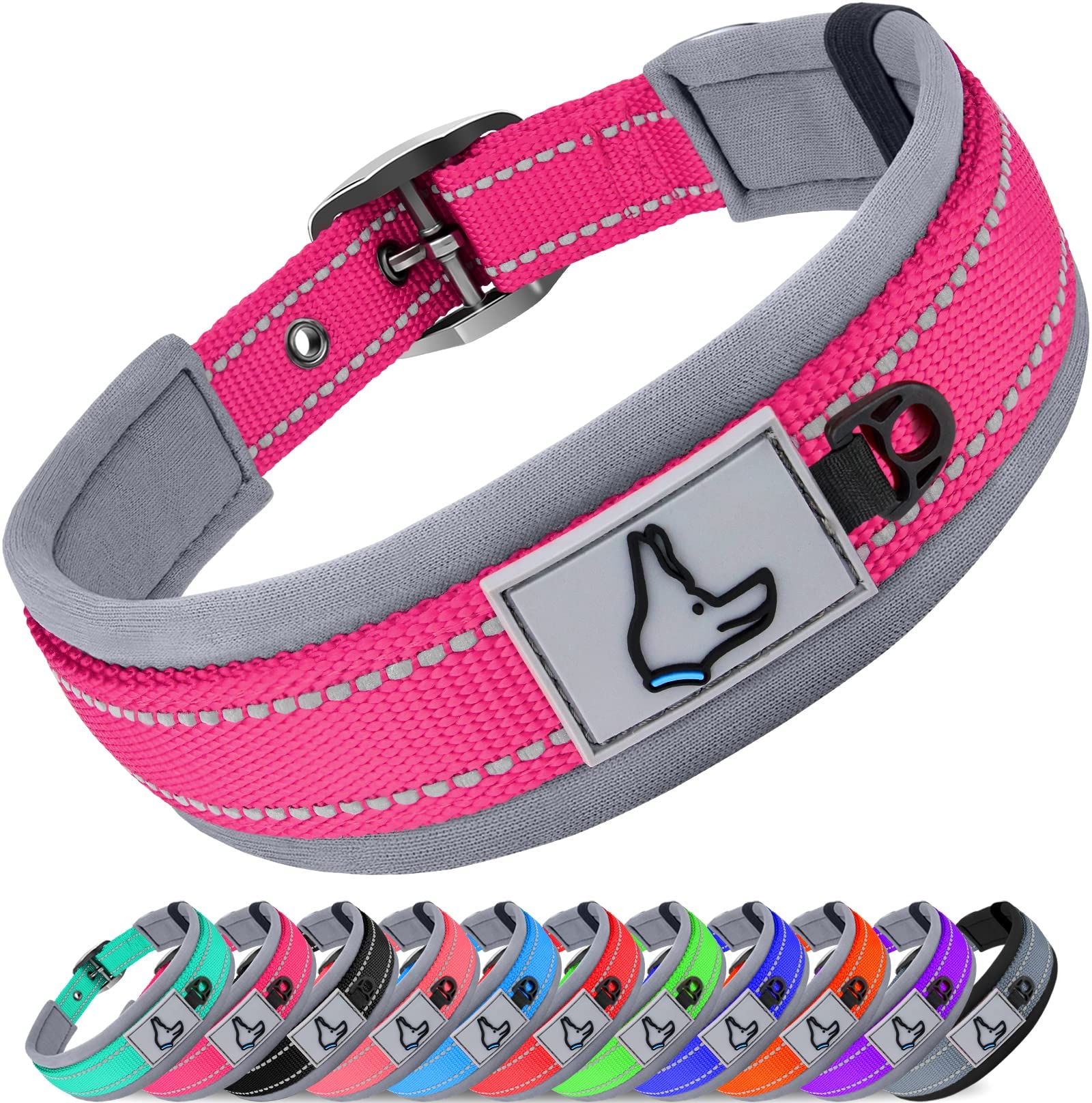 Joytale Reflective Dog Collar Medium | Ultra Comfy Soft Neoprene Padded | Heavy Duty Metal Belt Buckle, Hotpink