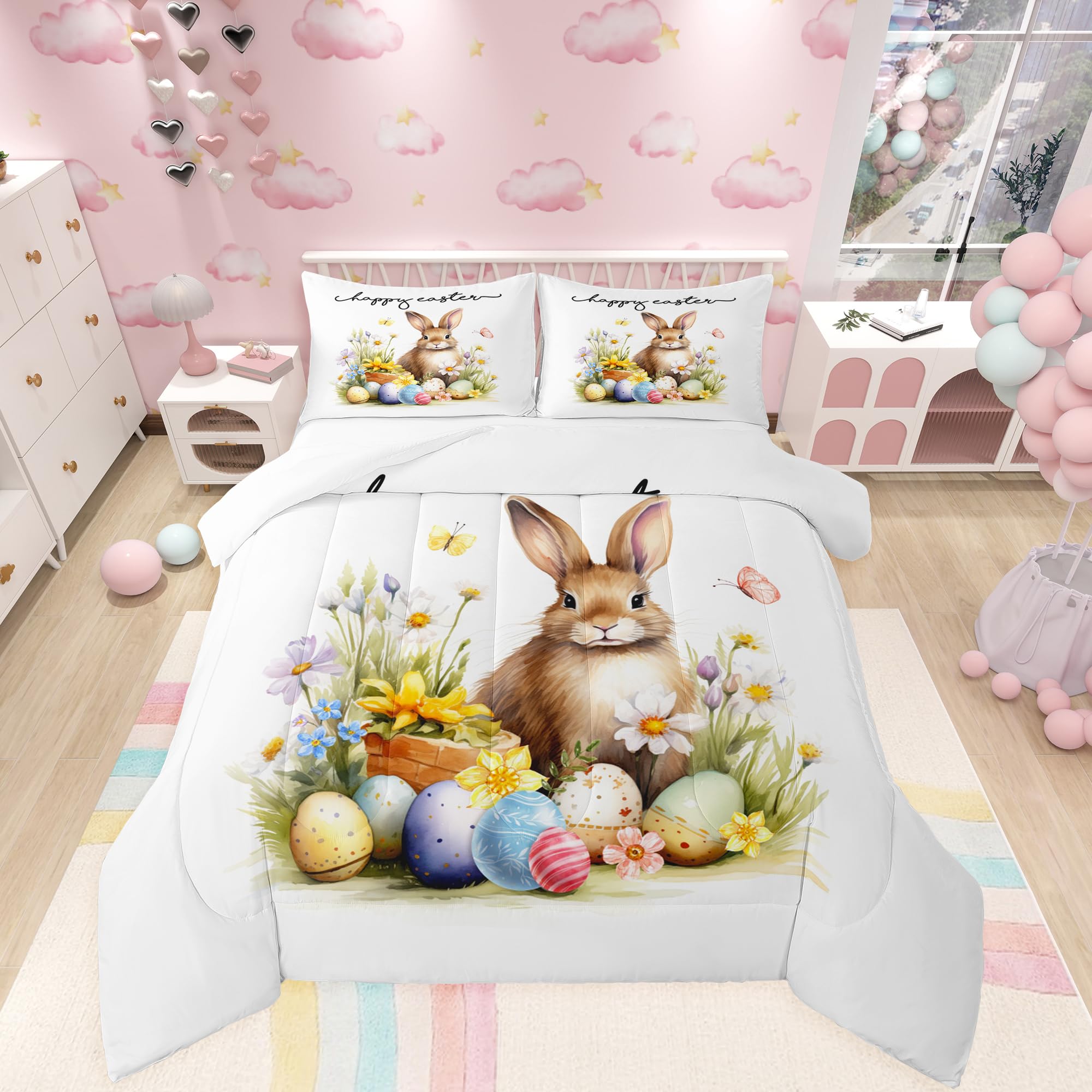 Photo 1 of Cute Rabbit Comforter Set Queen Size,Happy Easter Quilt Set Watercolor Egg Floral Bedding Set 3Pcs for Kids Girls Women Teens Room Decor,Nature Animals Plants Spring Duvet Insert,2 Pillowcases