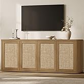 SICOTAS Rattan TV Stand for 65 70 inch TV - Large Entertainment Center TV Consoles for Living Room Bedroom, Farmhouse Television Stands with Storage Cabinet Boho Modular Media Console, Amber Oak