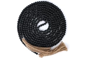 CVHOMEDECO. 16 Feet Wood Beads Garland with Tassels Farmhouse Rustic Wooden Decorative Bead String Wall Hanging Accent for Home Festival Decor. Black
