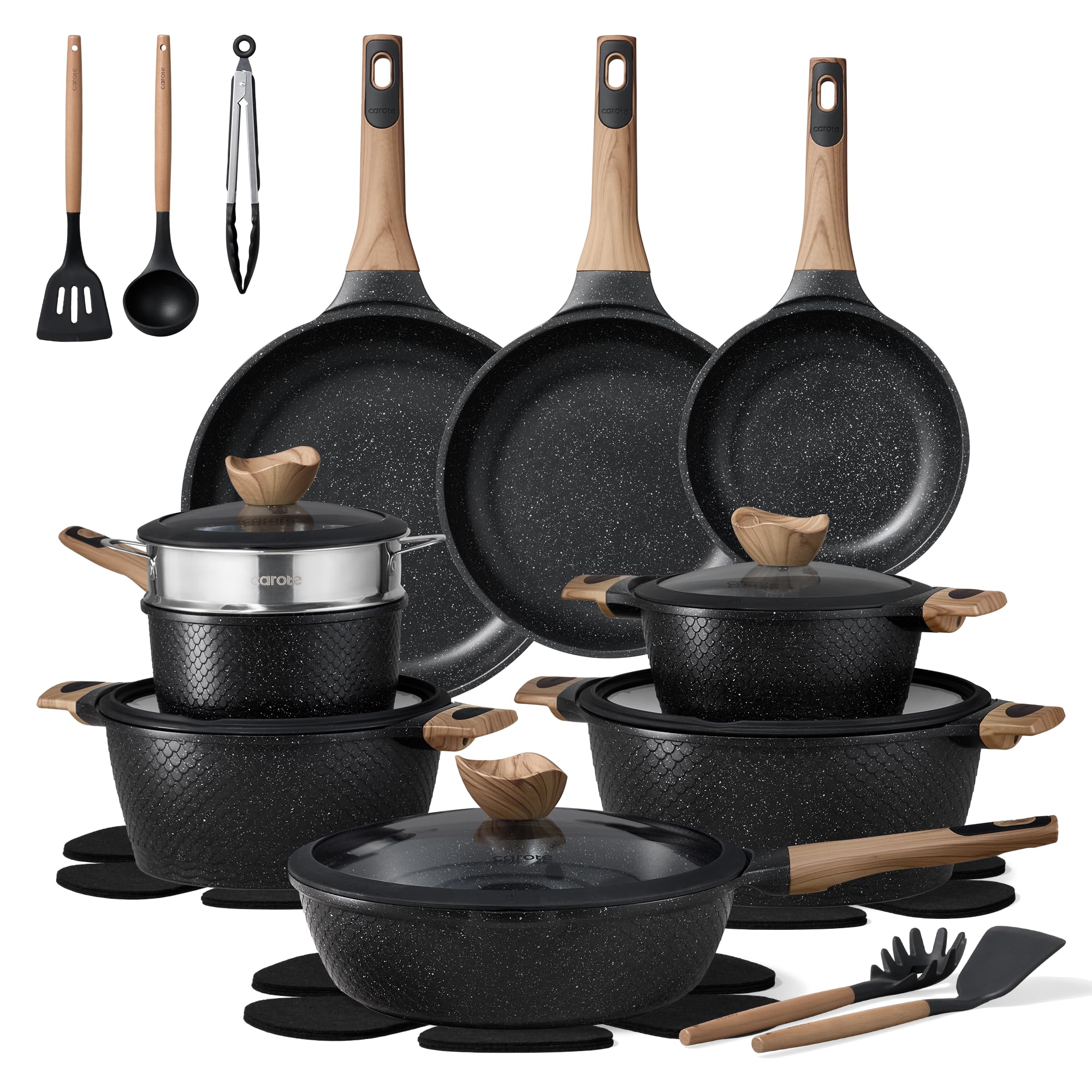 CAROTE 26PCS Pots and Pans Set Non Stick, Cookware Set Pots and Pans Induction Cook Ware, Nonstick Kitchen Cooking, PFOA Free, Black Image
