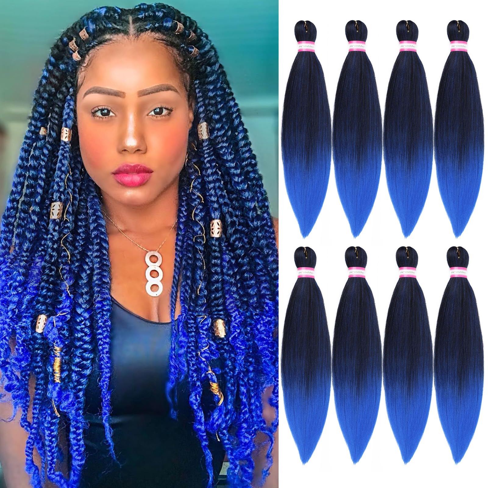 Photo 1 of Dorsanee Ombre Blue Braiding Hair Pre Stretched 20 Inch 8 Packs Braiding Hair Extensions for Crochet Box Braids Twists Locs Hair Itch Free Soft Yaki Texture Hot Water Setting (20inch,#1B/Blue)