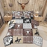Country Western Bedding Sets Queen,Tribe Geometric Aztec Bed in a Bag Queen Comforter Set 7 Piece,Cowboy Horse Sheet Set with Comforter,Gothic Bull Skull Cowgirl Southwestern Decor,Black Brown