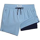 maamgic Men's Swim Trunks 5.5 inch Seersucker 2 in 1 Beach Shorts Quick Dry Bathing Suits with Compression Liner