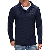 COOFANDY Men's Shawl Collar Sweaters V-Neck Relaxed Fit Cable Pullovers