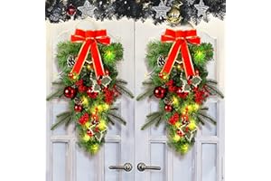Yunlly 2 Pcs Pre Lit Christmas Teardrop Swags 24 Inch Christmas Swag Wreath Garland Decorative with Lights Fairy Lights Bow Pine Cones Xmas Decor for Front Door Stairs Wall Window(Red)