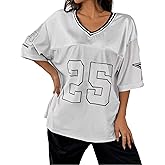 QJQ Jersey Shirts for Women Y2K Oversized V Neck Half Sleeve Graphic T Shirts Football Soccer Tee Tops Streetwear