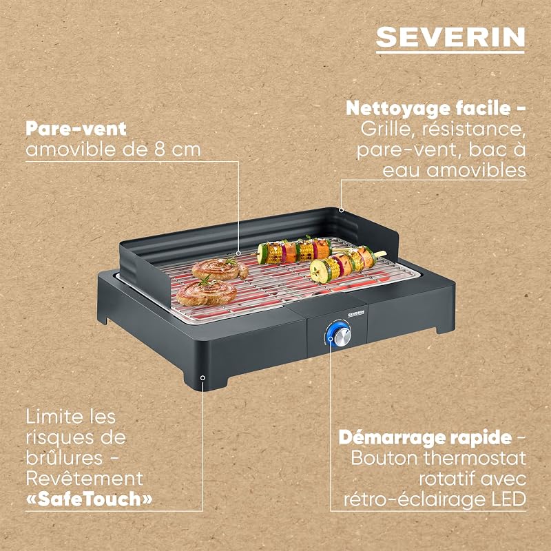 Barbecue électrique 2 200 W avec grille en inox, Barbecue de table avec pare-vent amovible, eBBQ avec bac à eau pour utilisation en intérieur et extérieur, Noir, PG 8565