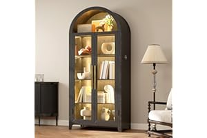 Topcomfy 71”H Arched Storage Cabinet with Glass Doors, Modern Display Cabinet with 3 Color Light, Glass Display Case with Human Body Sensor, 5 Tier Kitchen Pantry Cupboard for Living Room, Black