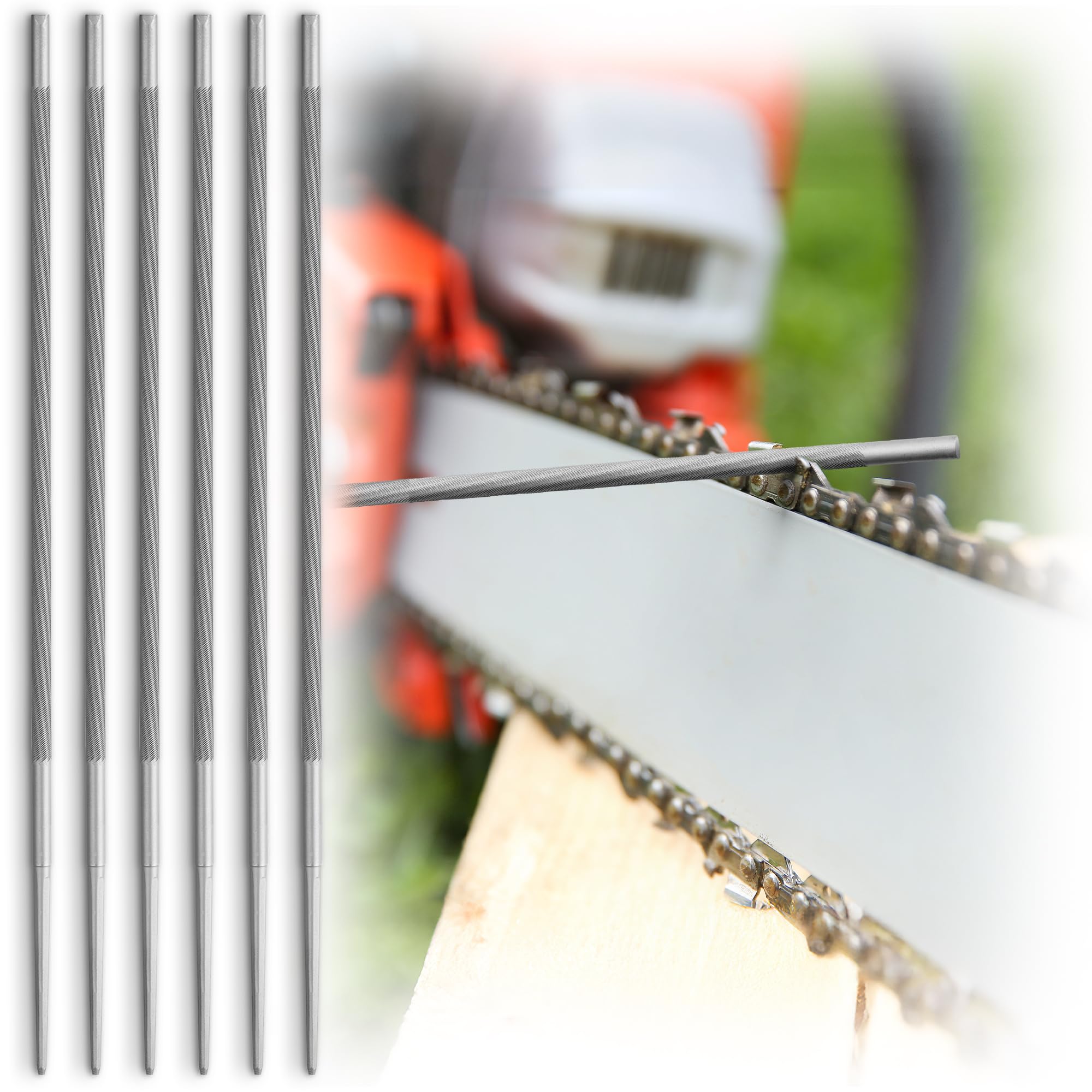 Chainsaw Sharpening File Set - 6 Round Files Compatible w/ ⅜” Pitch Chainsaws - Efficient Tool Kit for Filing Saw Chains - Heavy-Duty Chainsaw Sharpener Files - by EffektWerk