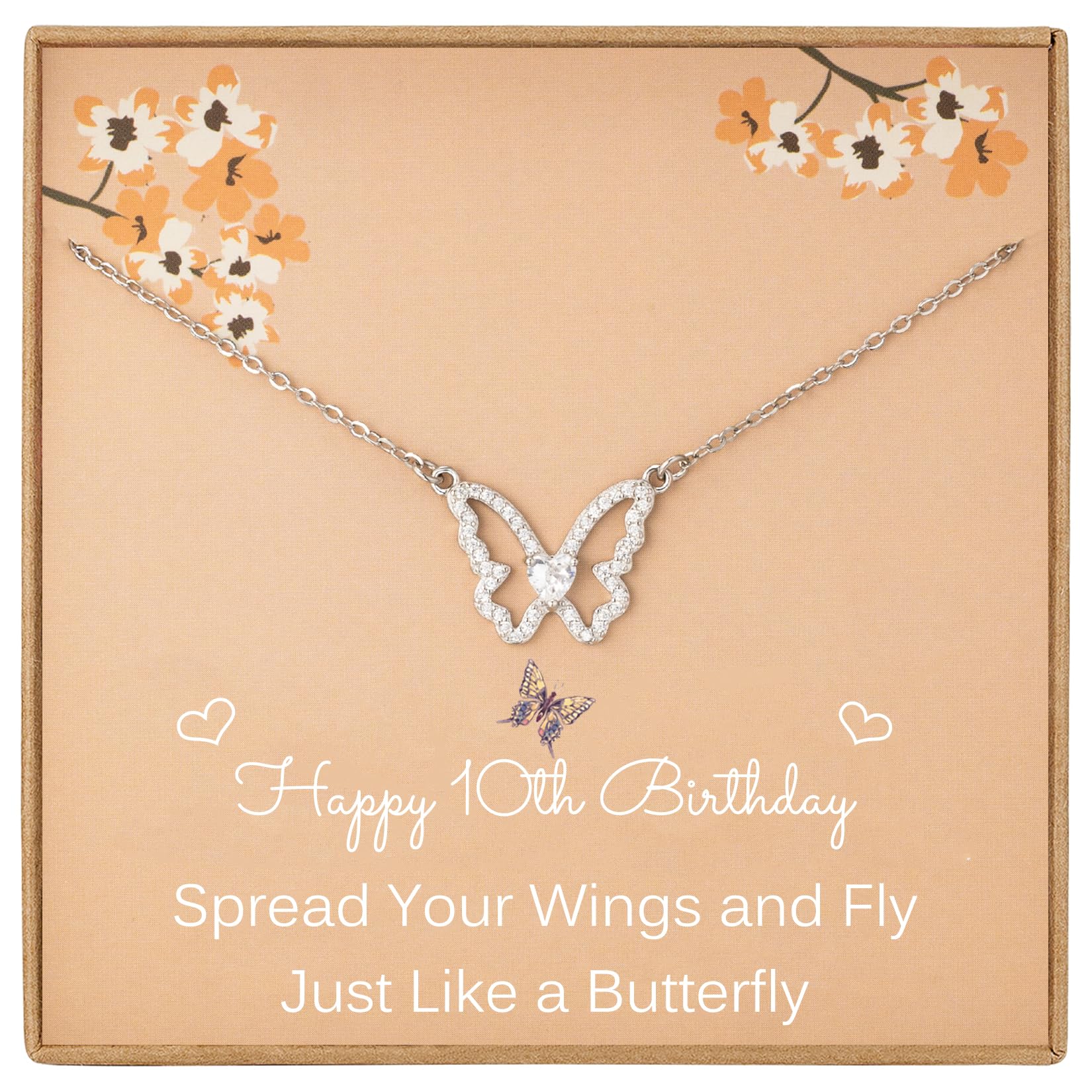 Pabenlily 10th Birthday Gifts for Girls, Sterling Silver Dainty Butterfly Pendant Necklace with CZ Stones, Presents for 10 Year Old Girls, 10 Year Old Girl Gift Ideas