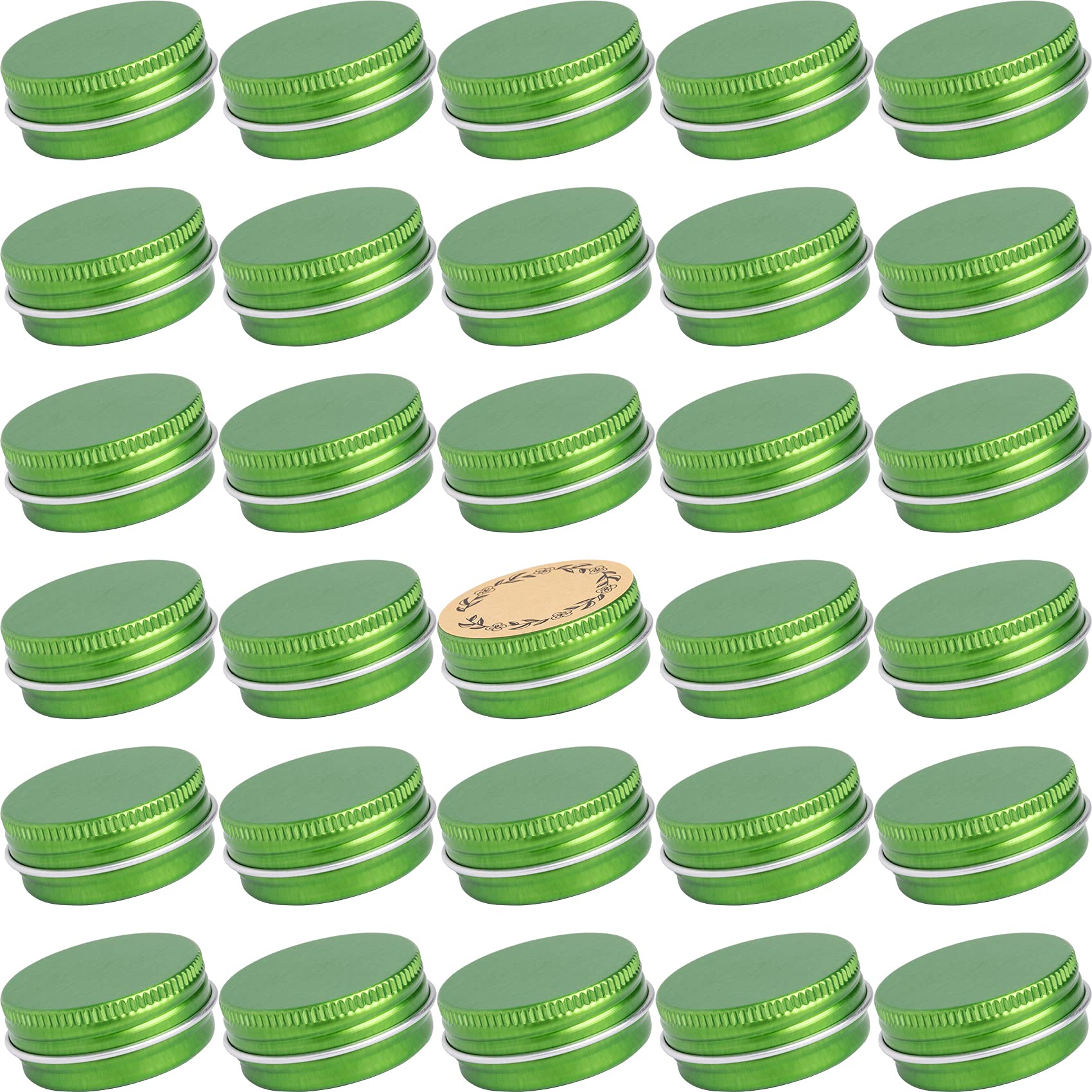 Photo 1 of 0.5 oz Screw Top Aluminum Tin Jar with Screw Lid and Blank Labels (Green - Pack of 32)
