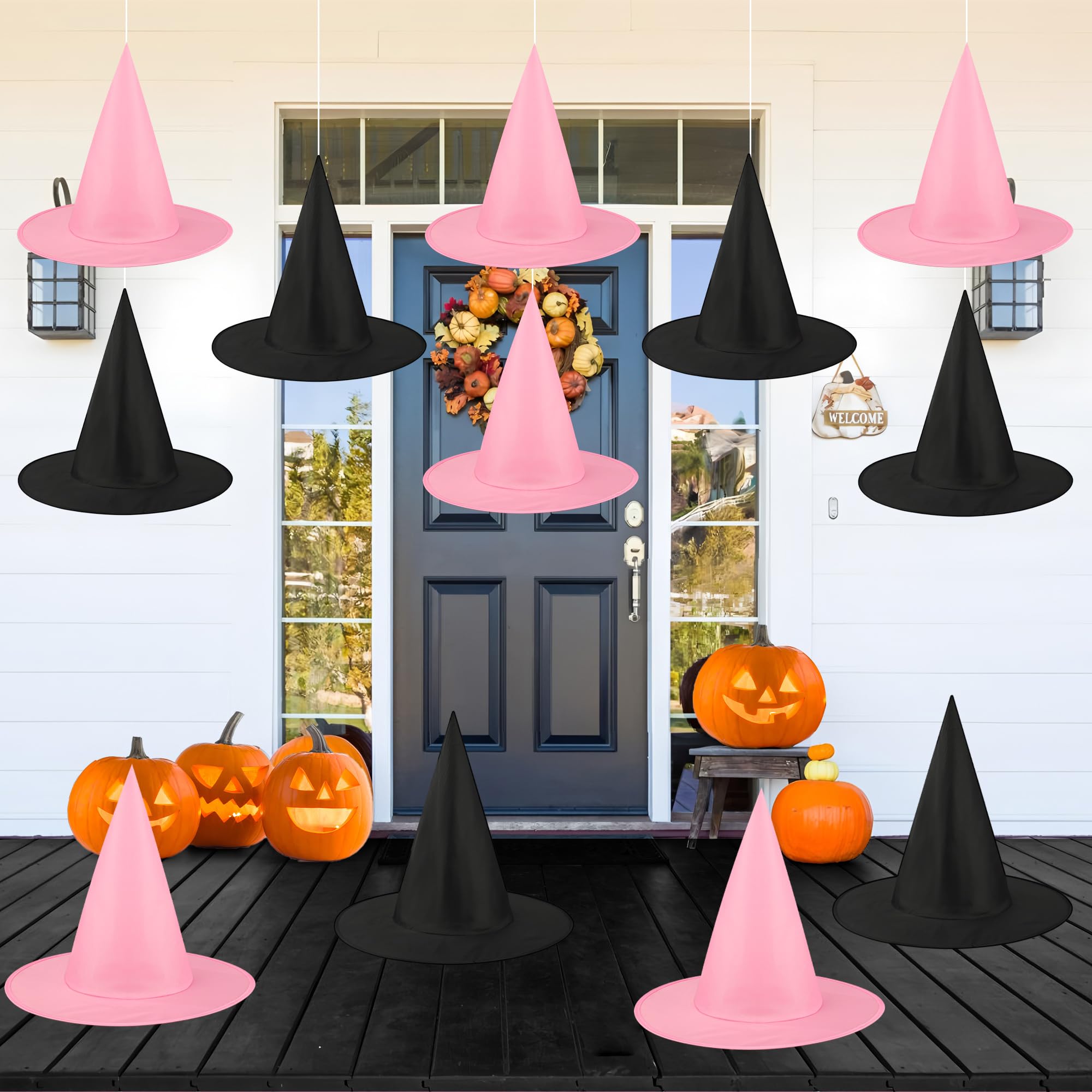 Photo 1 of 12 PCS Halloween Witch Hat Pink Hanging Witch Hats with Nylon Cord for Women Birthday Party Costume Accessories ((Black Pink)