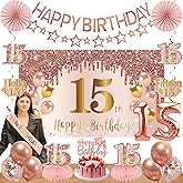Turypaty 15th Birthday Decorations for Girls, Pink Rose Gold Happy 15 years old Birthday Banner Backdrop Balloons Sash Table Cake Topper Honeycomb Centerpieces Hanging Swirls Paper Fans Party Supplies