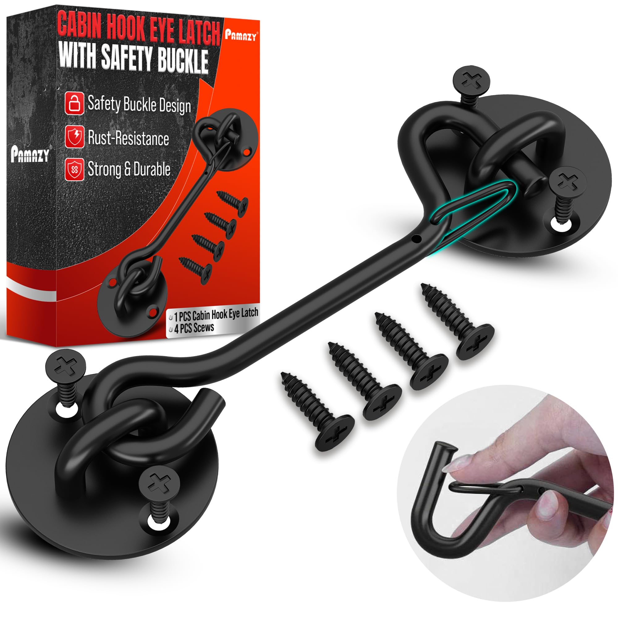 Photo 1 of [Upgraded] 6'' Cabin Hook Eye Latch with Safety Buckle, Heavy-Duty Gate Latch Barn Door Cabin Hook, Black Privacy Hook and Eye Latch Hook for Barn Door, Bedroom, Sliding Door, Gate, Bathroom, Cabinet