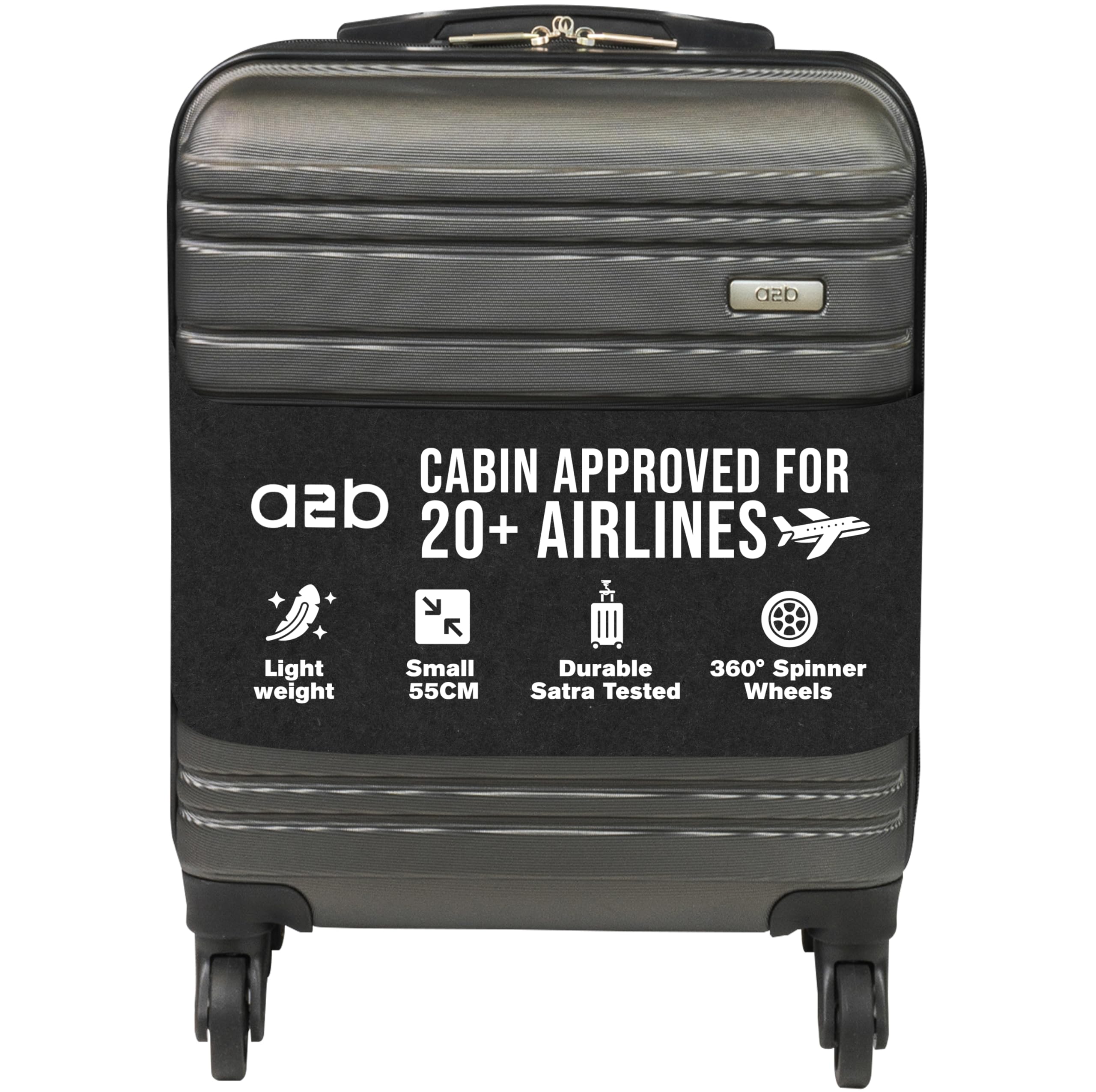 A2B Lightweight 55cm Cabin Approved Suitcase - Small Grey Carry on Luggage with Spinner Wheels, Hard Shell, Hand Luggage for Flights, Kids, Jet2, BA, Lufthansa, Virgin Airlines (Grey, Small)