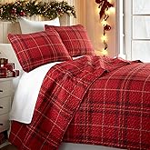 Southshore Fine Living, Inc. Oversized King Quilt Bedding Set, 3-Piece Bed Set, Cal/King Size Plaid Quilt with 2 Quilted Pillow Shams, Microfiber Bedspread, Lightweight Quilted Coverlet, Red Plaid