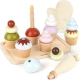Pillowhale Wooden Cupcake Play Food Set – 21 PCS Pretend Cupcakes with Interchangeable Toppings, Candle, Tray, Piping Bag & Mitt, Birthday Cake Toy for Kids Kitchen & Tea Party Play, Ages 3+