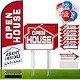 Open House Signs Kit (45 Pcs), 1 Pack Open House Flag, 9 Pack Open House Signs for Real Estate, Double Sided Directional Arrows Signs with Stakes and 24 Balloons for Real Estate Agents Supplies