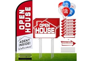 KUCO Open House Signs Kit (45 Pcs), 1 Pack Open House Flag, 9 Pack Open House Signs for Real Estate, Double Sided Directional Arrows Sign with Stakes and 24 Balloons for Real Estate Agents Supplies