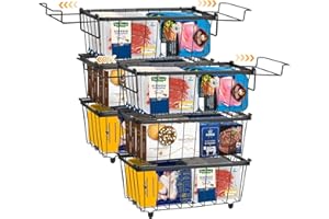 Mkway Chest Freezer Organizer Bins Stackable - 6 Pack Deep Freezer Baskets+ 4 Extension Brackets+ 24 Base Rubber Sleeve, Freezer Storage Bins with Handles for Frozen Food, for 7 Cu.FT Freezer