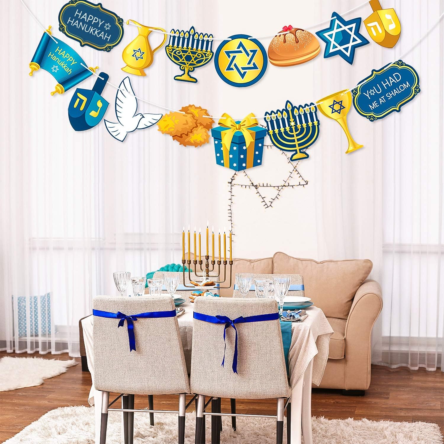Blulu Hanukkah Decorations Banner Pre-assembled Chanukah Garland Happy Hanukkah Banner Backdrop Props for Home Indoor Holiday Party Decor Supplies - Image 4