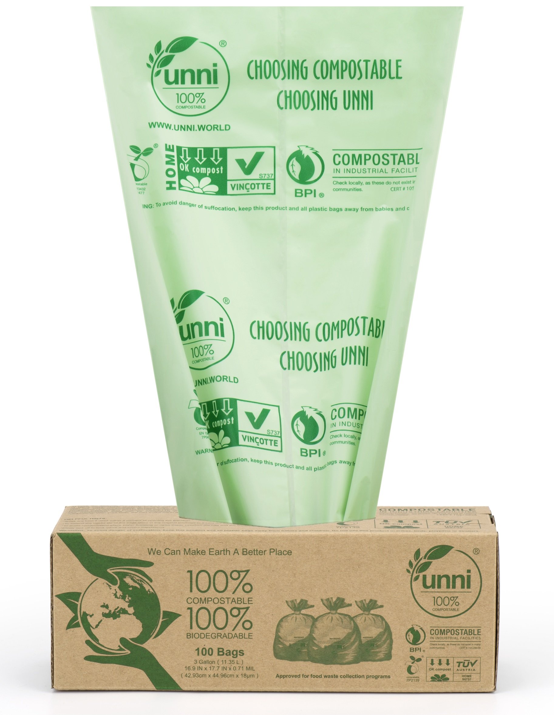 UNNI ASTM D6400 100 Compostable Bags, 3 Gallon,100 Count,Extra Thick 0