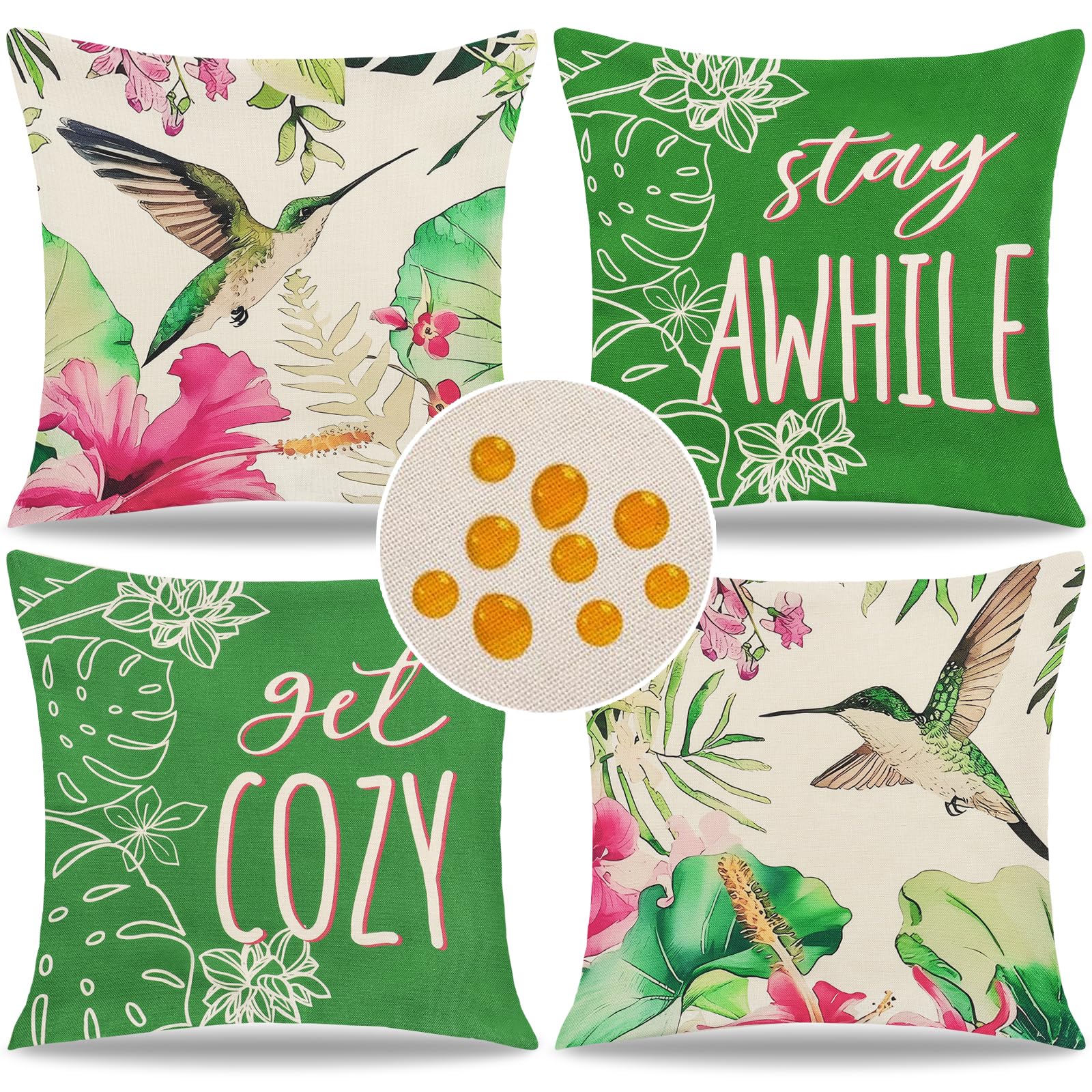 ASTNIC Outdoor Waterproof Throw Cushion Covers 18x18 Inch Set of 4 Geranium Flower Hummingbird Printed Pillow Covers Farmhouse Boho Decorative Pillowcases for Patio Couch Garden Balcony(Green)