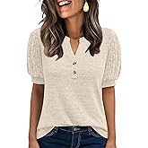 ANRABESS Women's Tops Puff Short Sleeve Henley Shirt Dressy Casual Blouses Summer Sweater 2026 Spring Business Cute Tunics