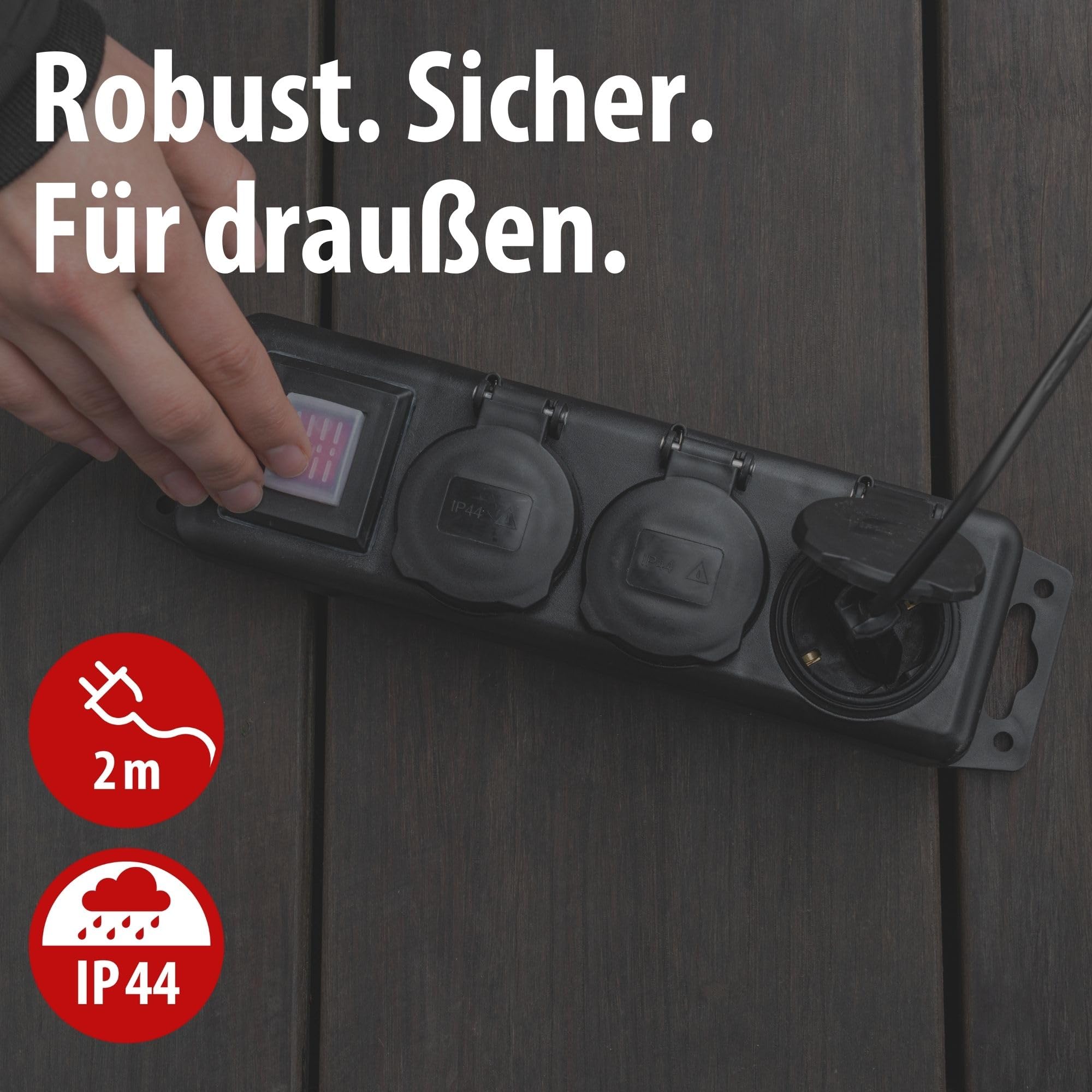 Brennenstuhl Steckdosenverteiler IP44 3-Fach (Outdoor Steckdosenleiste mit Schalter, 2m Kabel, selbstschließende Deckel, Mehrfachsteckdose für außen für den robusten und ständigen Einsatz im Freien) 2