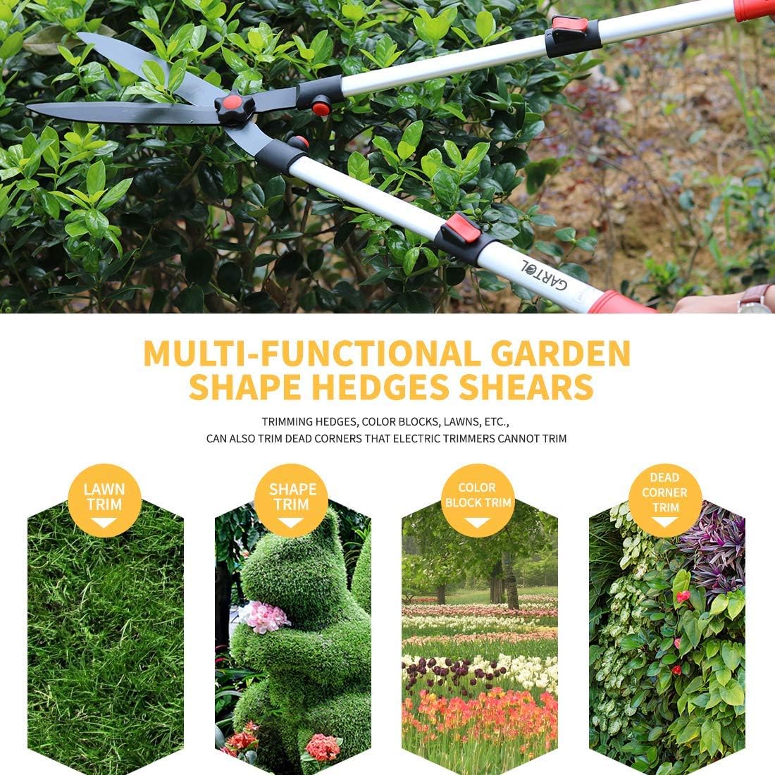 GARTOL Extendable Handle Hedge Shears with Adjustable Length Handle, 9inch Wavy Sk5 Blade, Shock-Absorbing Bumpers and Blade Tension Control Knob, Garden Hedge Pruning Shears Trimmers Clippers : Garden & Outdoor