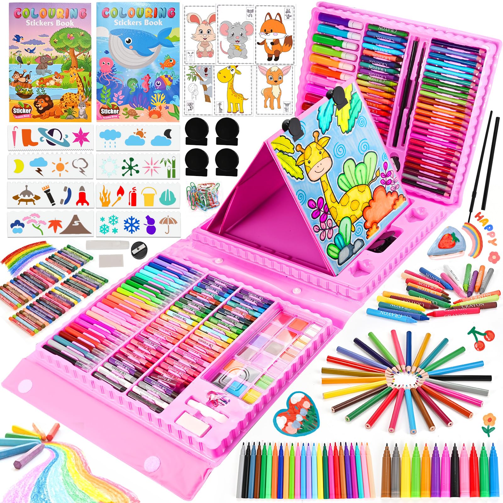 Goldge 230+ Pcs Art Set for Kids Ages 4-12, Art Supplies with Double-Sided Easel, Colouring Pencils, Crayons, Watercolours & Stencils | Portable Art Kit with Storage Box | Gift for Girls & Boys