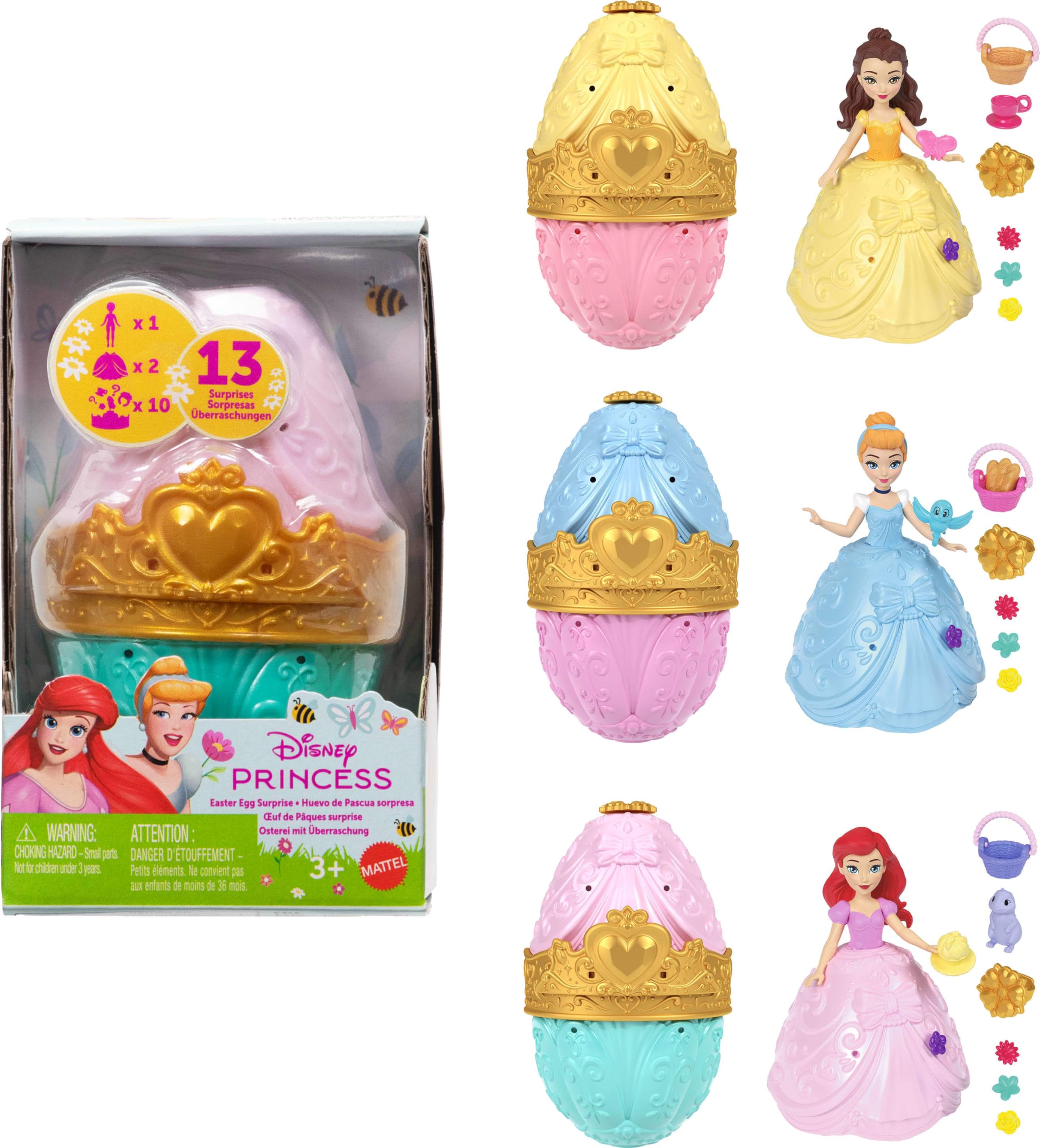 Mattel Disney Princess Toys, Small Doll Easter Egg Surprise with 1 Princess, 2 Skirts & 10 Play Accessories (Styles May Vary), Inspired by Movies