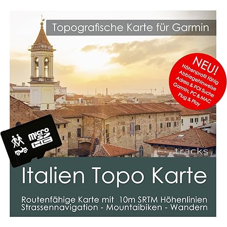 Italien Garmin Karte TOPO 4GB microSD. Topografische GPS Freizeitkarte für Fahrrad Wandern Touren Trekking Geocaching & Outdo