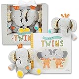 We are Twins - Baby and Toddler Twin Gift Set- Includes Keepsake Book and Set of 2 Plush Elephant Rattles for Boys and Girls.
