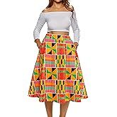 Afibi Womens African Print Skirt Boho Flare Pleated Midi Skirt with Pockets