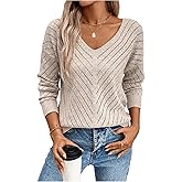 BEAUDRM Women's Hollow Out Pullover Sweaters Vintage Lightweight V Neck Long Sleeve Loose Fit Fall Knit Tops